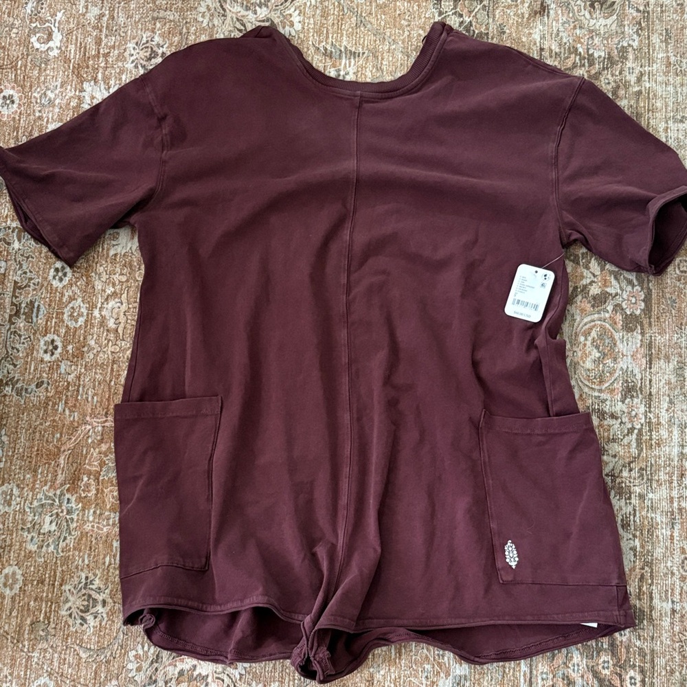 FP Movement by Free People Burgundy Short Sleeve Romper with Pockets